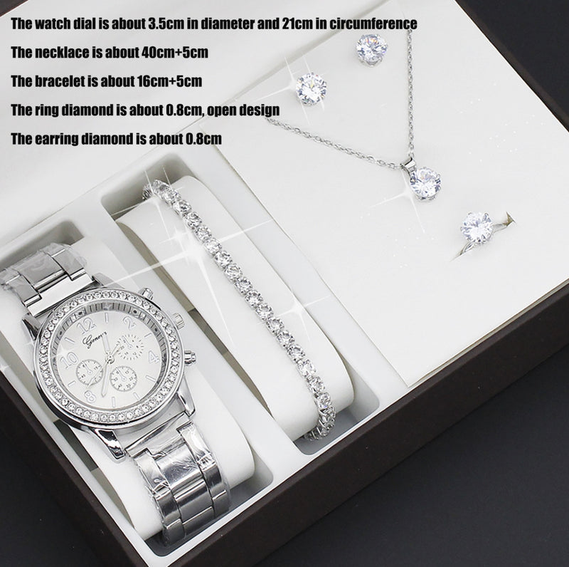 5 PCS Crystal Watch Lady Silver Accessories Necklace Bracelet Woman Gift