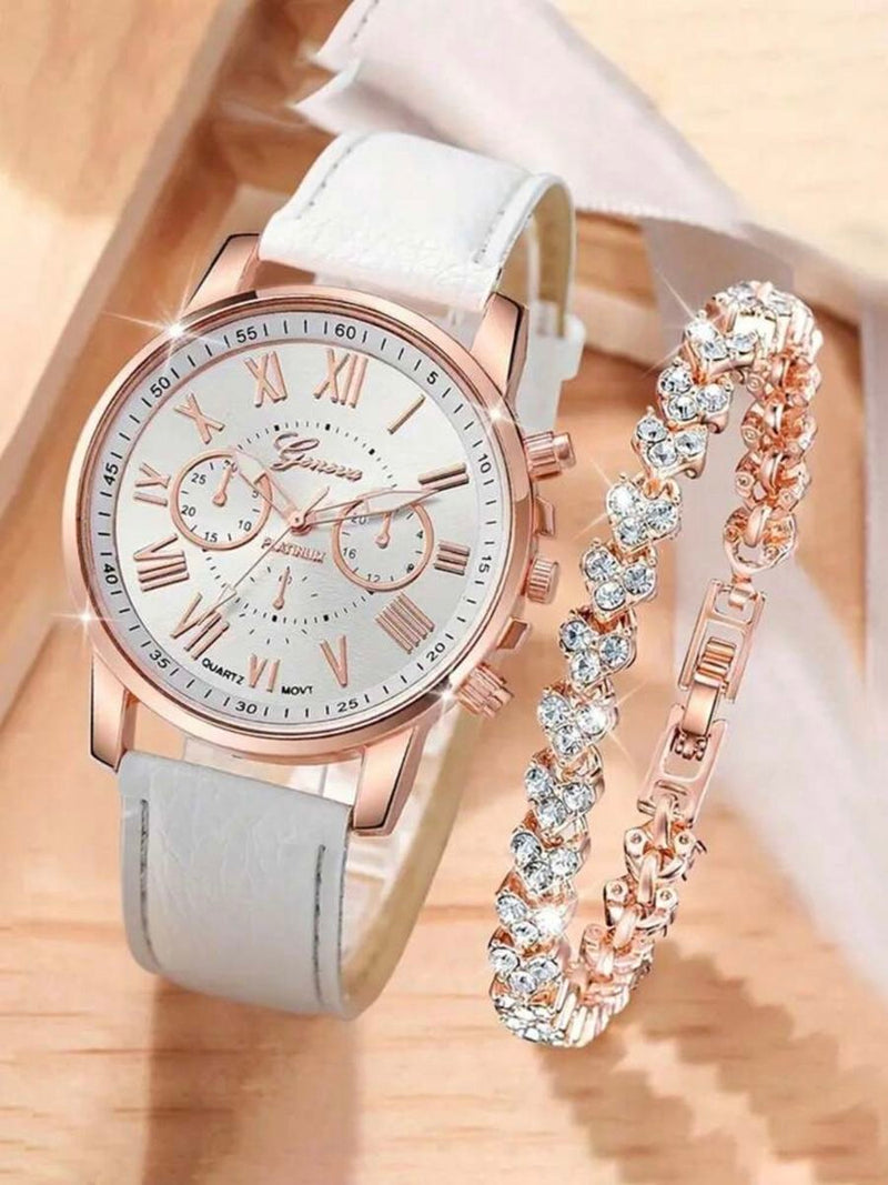 2 Piece Ladies' Casual Round Pointer Quartz Watch and Bracelet
