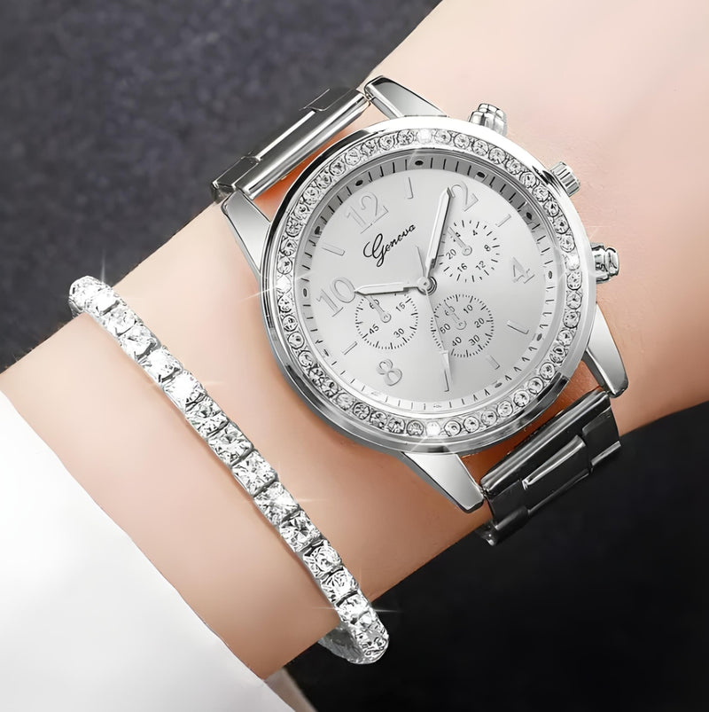 5 PCS Crystal Watch Lady Silver Accessories Necklace Bracelet Woman Gift