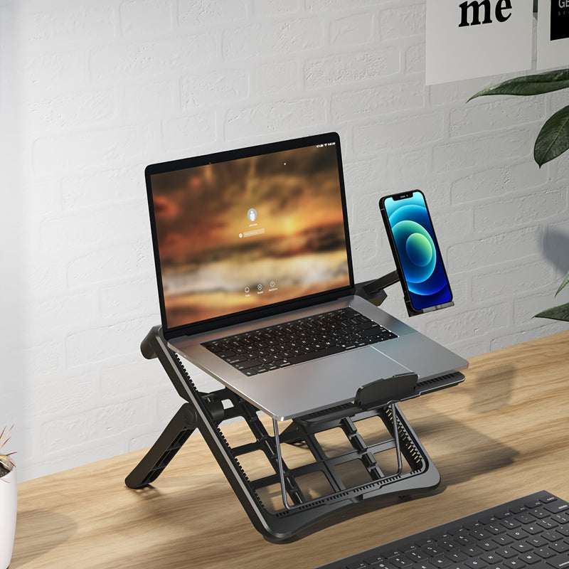 Adjustable Laptop Stand with Cooling Fan & Phone Holder, Ergonomic Foldable Laptop Riser for Desk, Portable Notebook Stand with Heat Vent for 10-17 inch Laptops