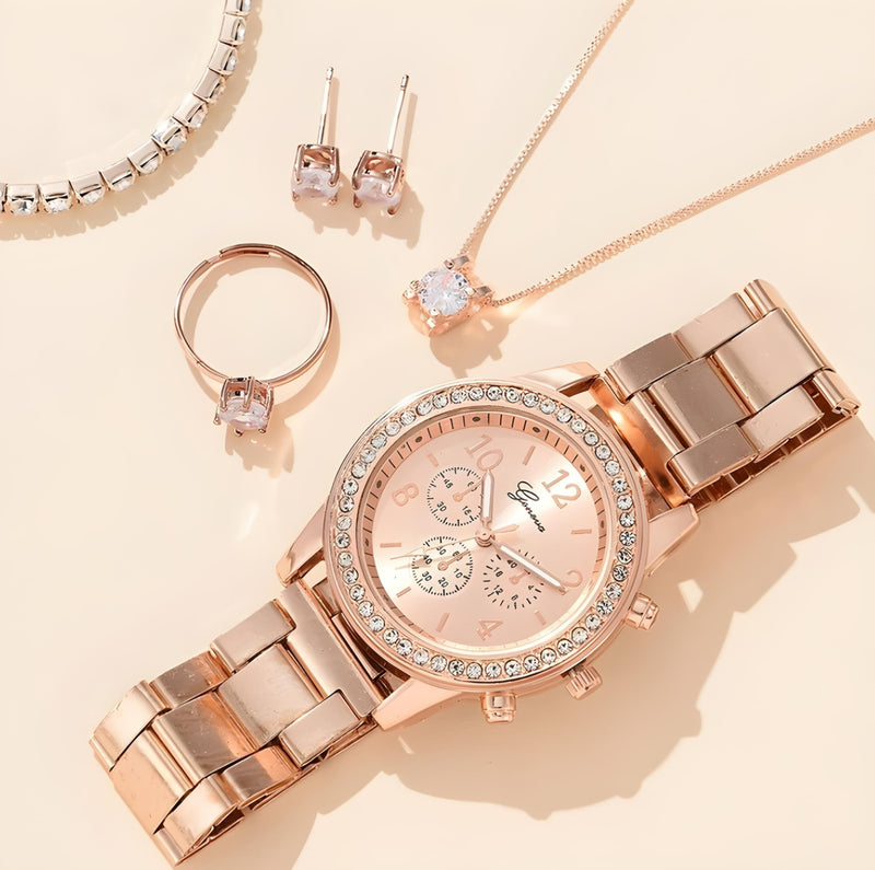 5 PCS Crystal Watch Lady Silver Accessories Necklace Bracelet Woman Gift