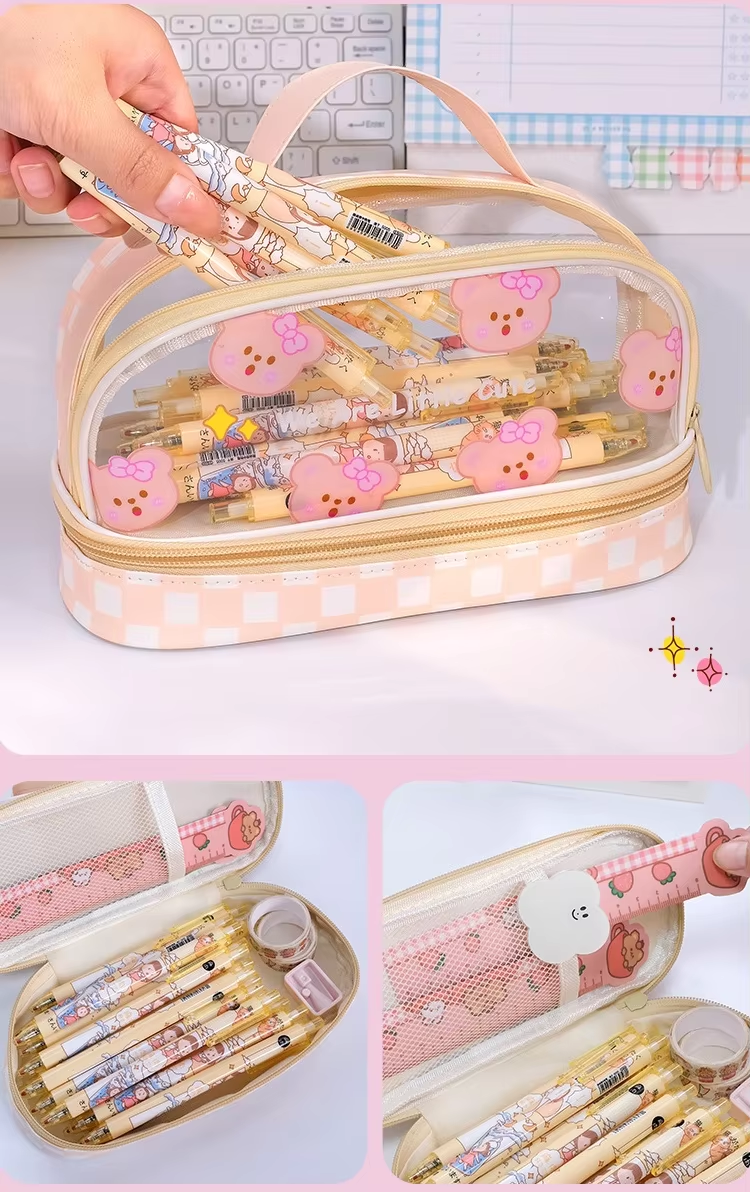 High-Appearance Double Cute Transparent Pen Bag Large Capacity Simple Zipper Student Portable Pencil Case Pencil Pouch
