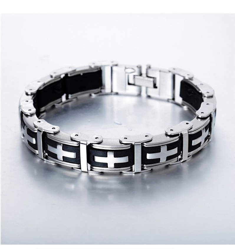 Stainless Steel Cross Symbol Charm Bracelet Men Top Quality Black Rubber
