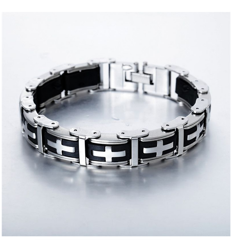 Stainless Steel Cross Symbol Charm Bracelet Men Top Quality Black Rubber