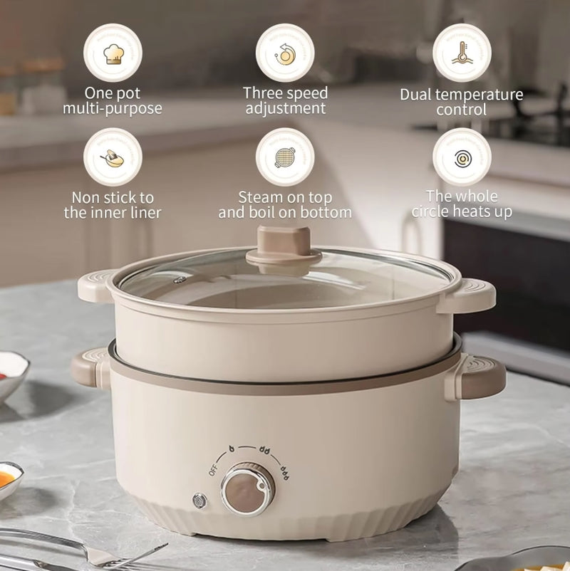 Electric Cooker 3L Hot Pot Electric with Steamer Non-stick Pot Dual Power