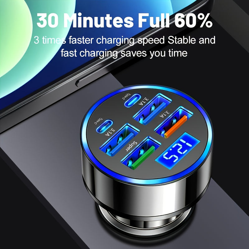 4-Port Fast Car Charger with USB-C PD & Digital Display – for iPhone, Samsung & More