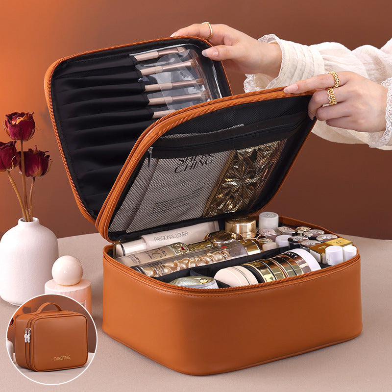 New Double Layer Makeup Bag - 4 Compartment Travel Cosmetic Organizer, Portable Toiletry Case & Multi-Function Vanity Tray