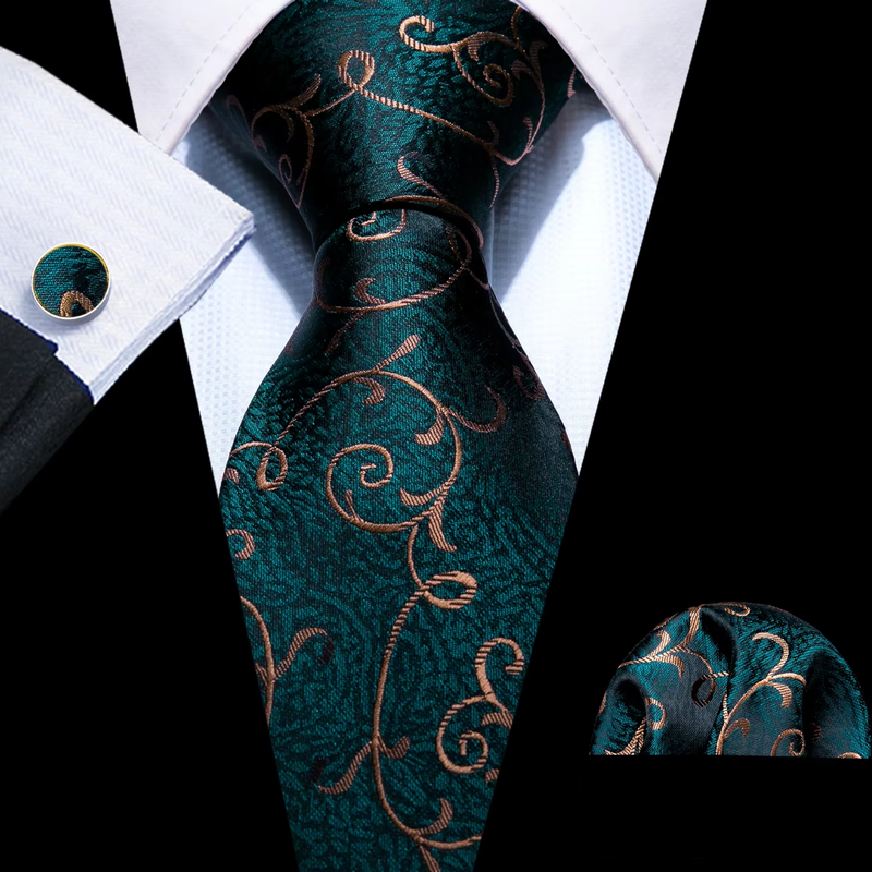 Mens Tie Jacquard Necktie Pocket Square Cufflinks Set Green Golden Vine