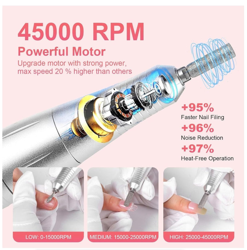 Nail Drill 45000RPM Rechargeable Set Electric Machine Polish Grind Salon
