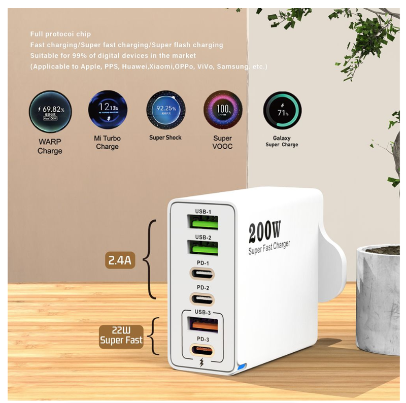 6 Ports Fast Charger USB C Multi Ports PD Quick Charge Wall Phone Adapter