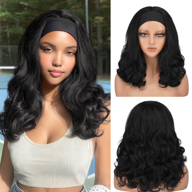 Synthetic Wig Headpiece Elegant Black Long Curly Ice Silk Headband Wig