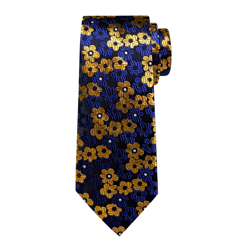 Luxury Men's Tie Necktie Pocket Square Cufflinks Set Yellow Blue Floral