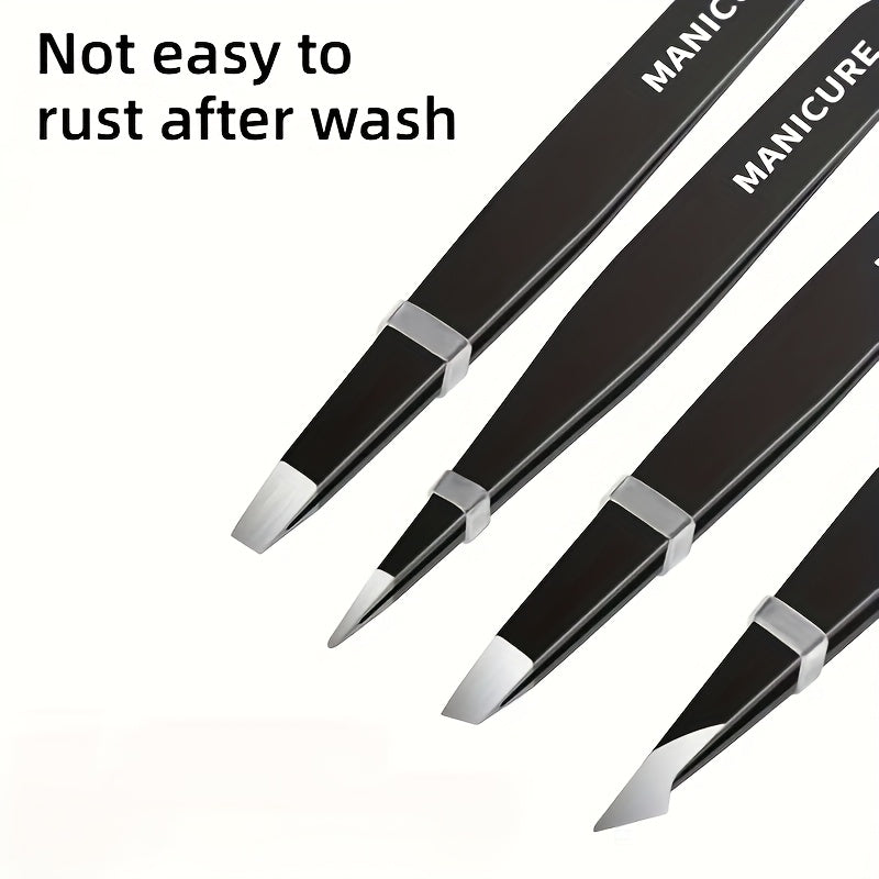 4-Piece Black Stainless Steel Tweezers Set – Precision for Lashes & Brows