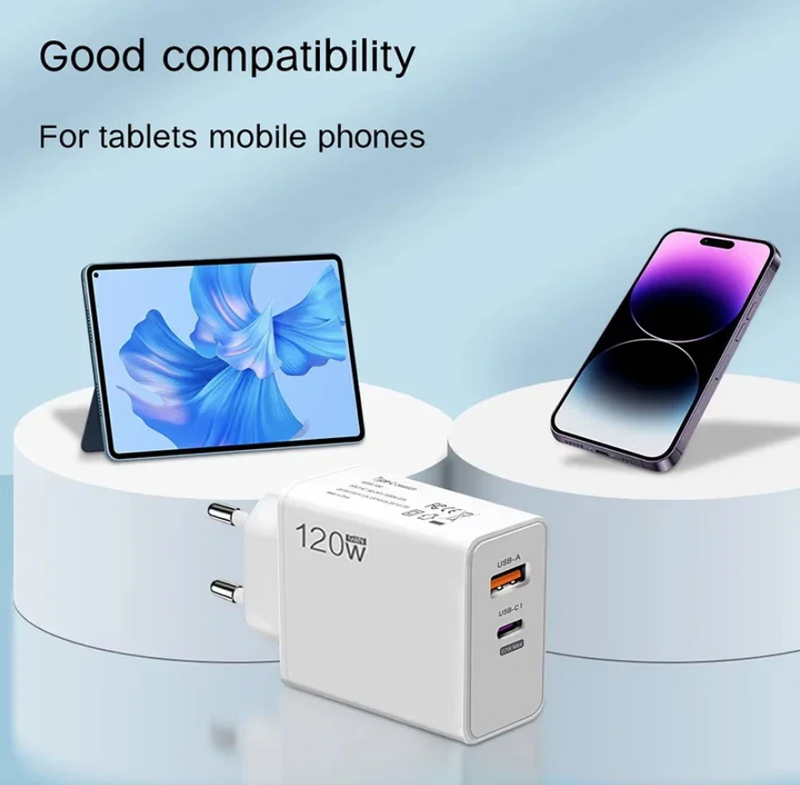 120W Fast Charger USB 3.0 Type-C 2 In 1 Charge Adapter For Phones