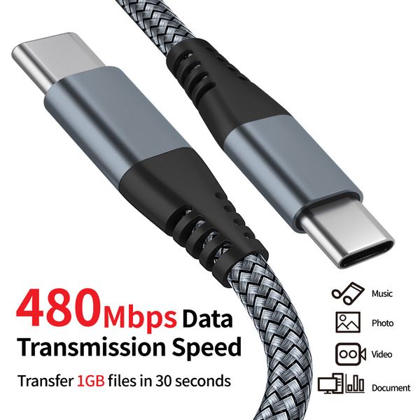 65W 3A Fast Charging Cable, USB C to USB-C 1m/2m, Nylon Data Cable