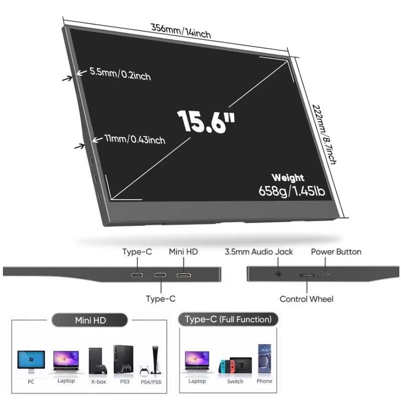 15.6 inch Touch Screen Portable Monitor 1080p 45sRGB 60Hz Laptop Screen Extender