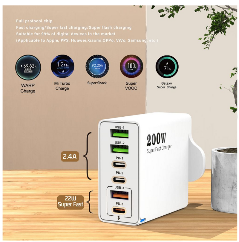 6 Ports Fast Charger USB C Multi Ports PD Quick Charge Wall Phone Adapter