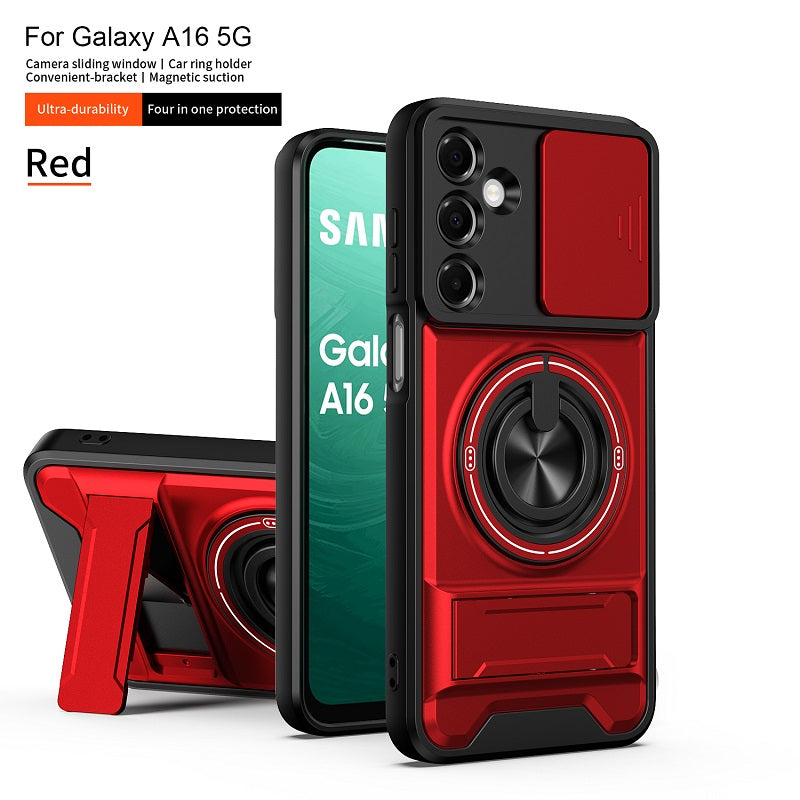 Luxury Slide Camera Lens Cover Case for Samsung Galaxy A16 5G/4G, Built-in Ring Stand and Folding Stand Magnetic Protective Case