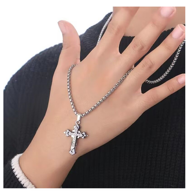 New Multilayer Cross Necklace with Diamond Pendant Stainless Steel Chain