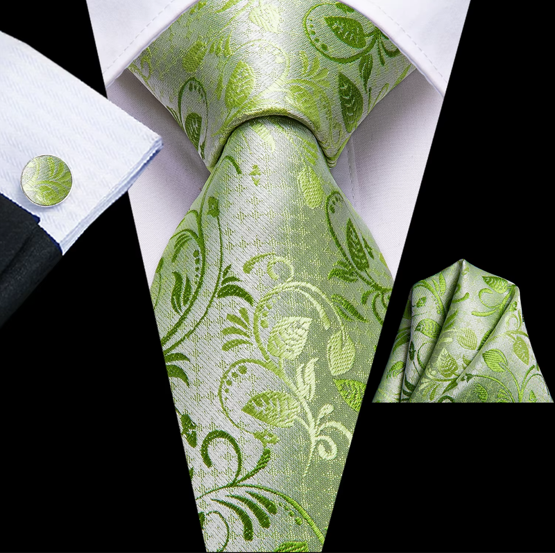 Men Silk Tie Grass Green Ties Boutonniere Handkerchief Cufflinks Set