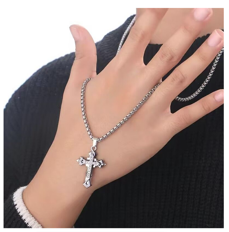 New Multilayer Cross Necklace with Diamond Pendant Stainless Steel Chain