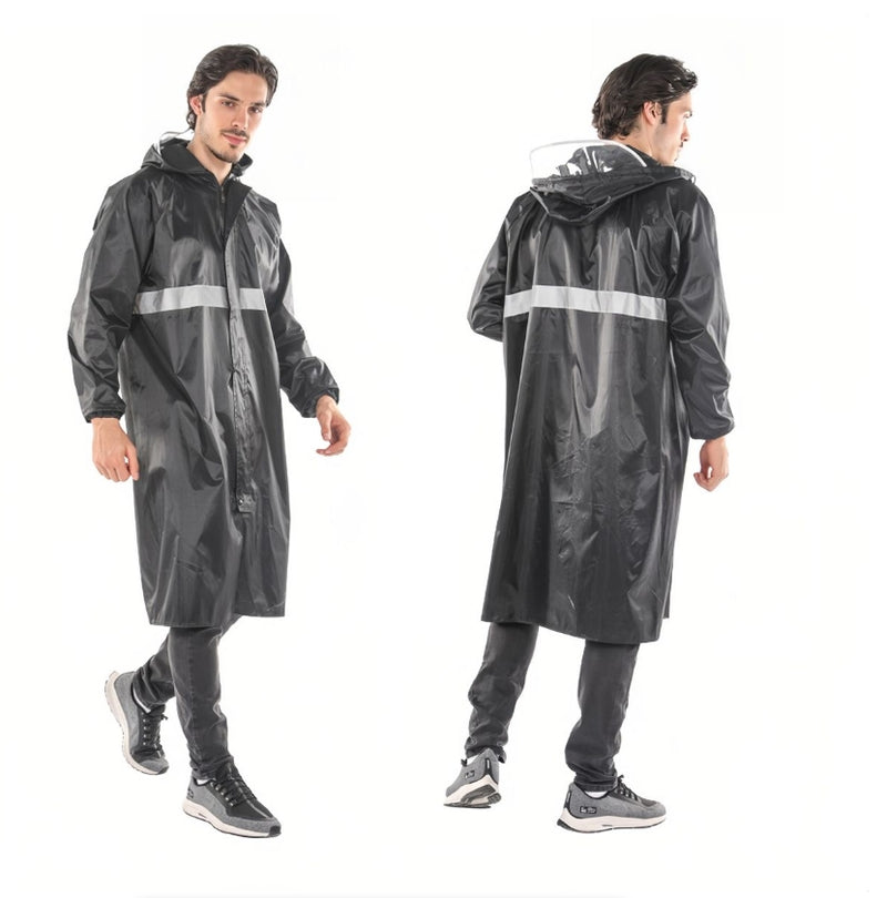 Men Raincoat with Hat Shiny Reflective Strip Long Coat Outdoor Rain Suit