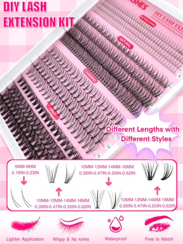 DIY Eyelash Extensions Kit5-16MM Natural, Lash Clusters Kit 480Pcs Wispy Lash Glue Bond and Seal Self Application for Lash Extension Beginner