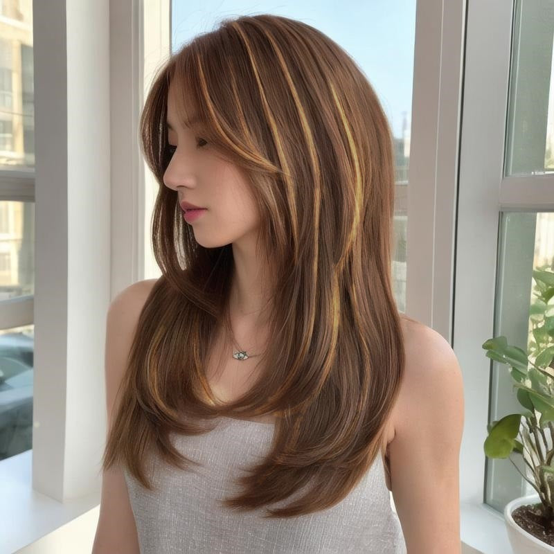 Woman Wig Medium-Long Curly Hair with Highlights Heat-Resistant Fiber and Lace Front