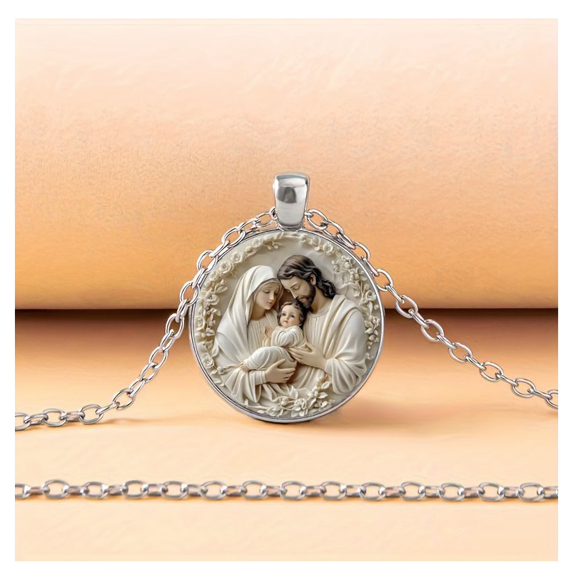 Family Glass Pendant Necklace Catholic Saint Joseph Virgin Mary Jesus