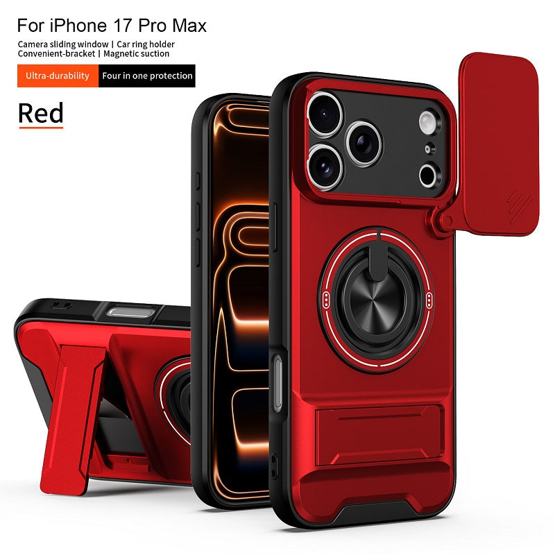 Luxury Slide Camera Lens Cover Case for iPhone 17 Pro Max, Built-in Ring Stand and Folding Stand Magnetic Protective Case