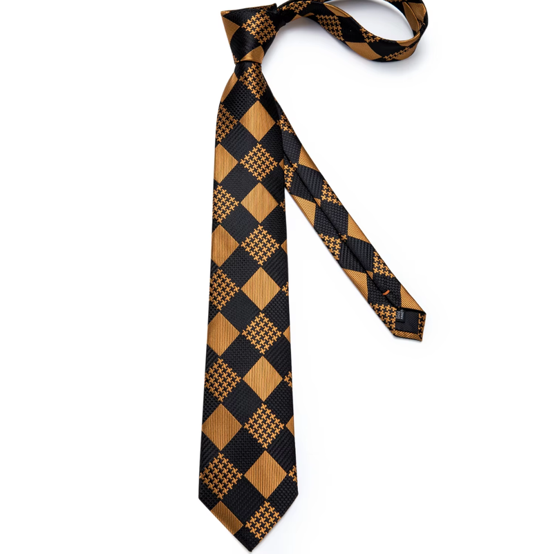 IPSTYLE Mens Tie Black Golden Jacquard Necktie Pocket Square Cufflinks Set