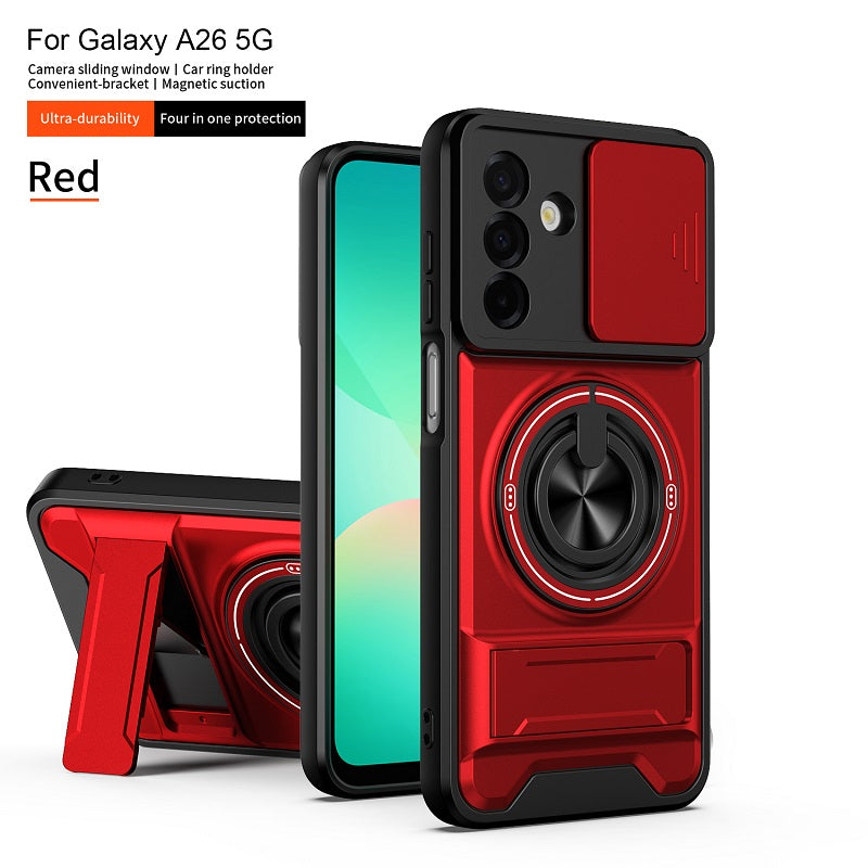 Luxury Slide Camera Lens Cover Case for Samsung Galaxy A26 5G, Built-in Ring Stand and Folding Stand Magnetic Protective Case