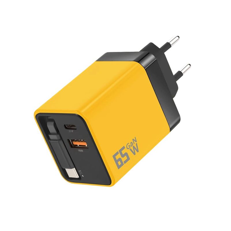 65W Fast Quick Charge 3 Ports USB Type C Adapter Built In Cable Compatible With iPhone and Samsung and Xiaomi devices.