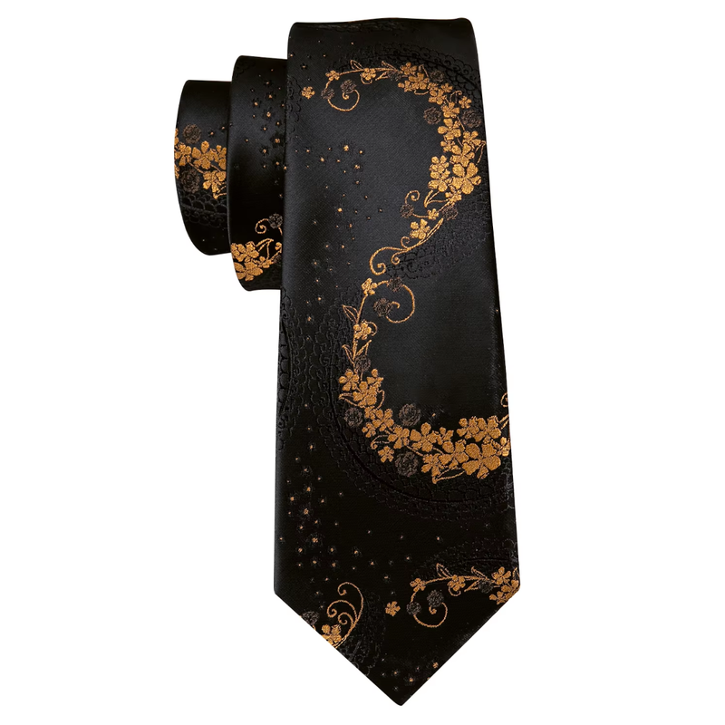Mens Tie Jacquard Necktie Pocket Square Cufflinks Set Black Golden Floral