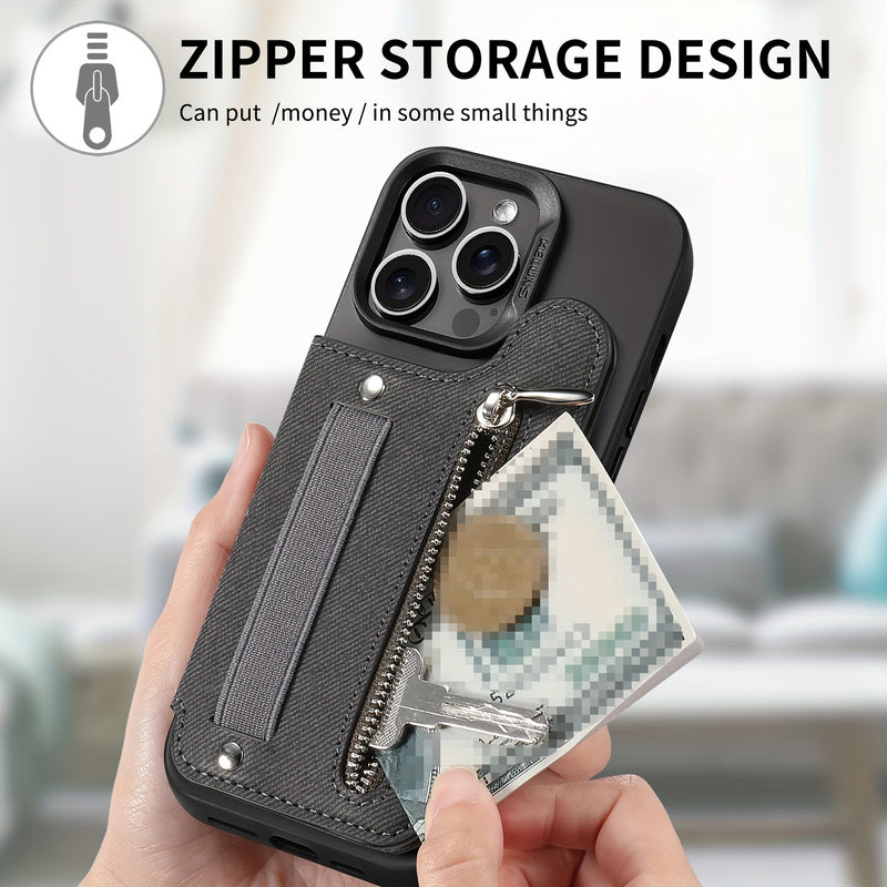 Adhesive Phone Back Card Holder RFID-Blocking Zipper Wallet with Stand