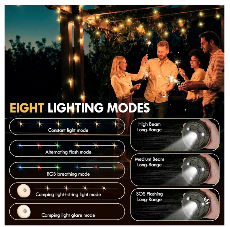 Solar Camping Lights USB Rechargeable String 8 Modes Multifunctional Light