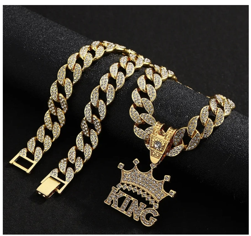 Hip Hop Crown King Pendant Necklace with 13mm Crystal Cuban Chain