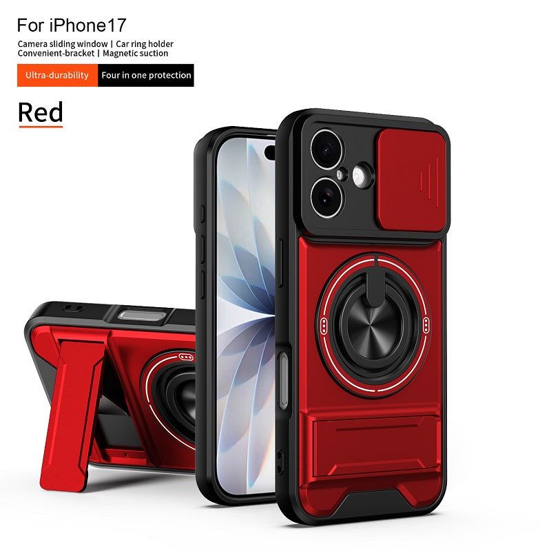 Luxury Slide Camera Lens Cover Case for iPhone 17, Built-in Ring Stand and Folding Stand Magnetic Protective Case