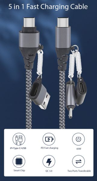 5In1 USB A/C To C/Micro/Lightning Cable Quick charging data cable