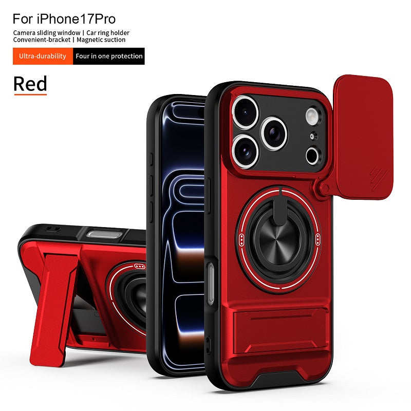 Luxury Slide Camera Lens Cover Case for iPhone 17 Pro, Built-in Ring Stand and Folding Stand Magnetic Protective Case