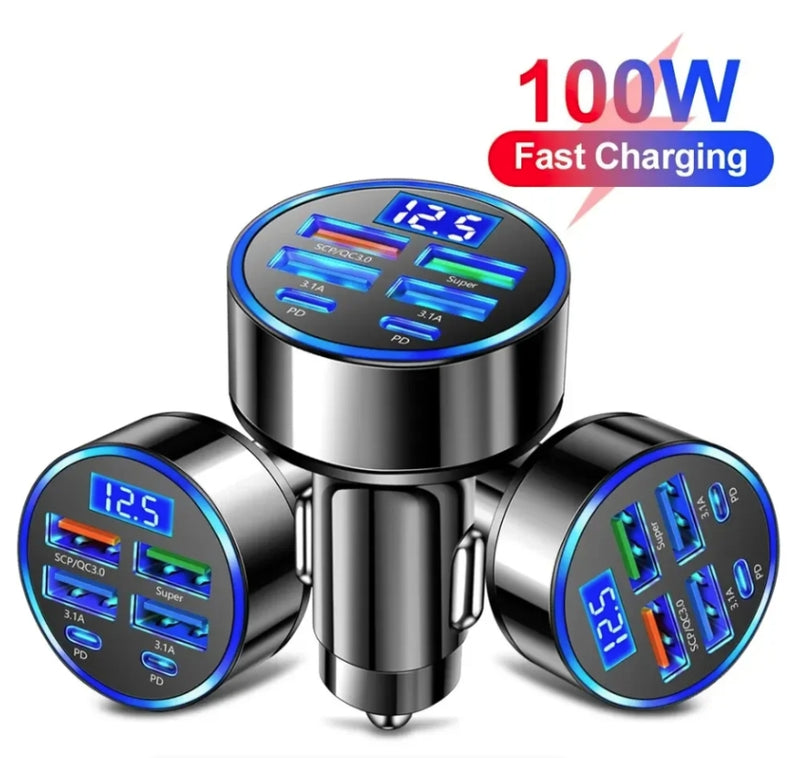 Car Charger Flash Charge Plug with Digital Display One to Six Car Charger