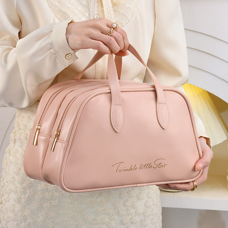 New Double-layer Portable Storage Fashionable PU Storage Bag with Hand Enhanced Appearance for Grooming and Storage