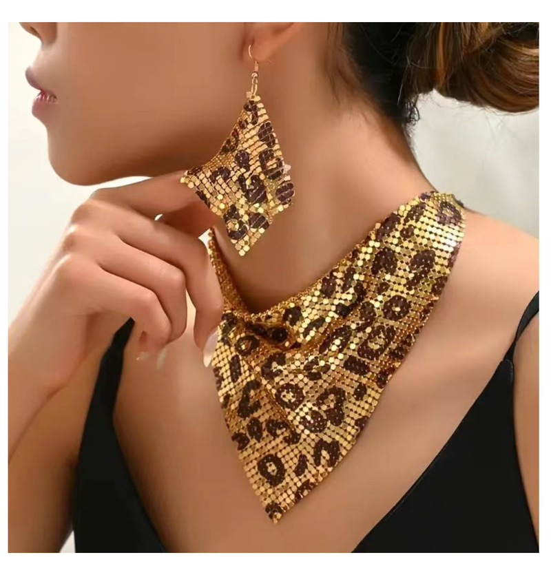 Fashion Leopard Print Jewelry Set Bib Necklace & Dangle Earrings Set