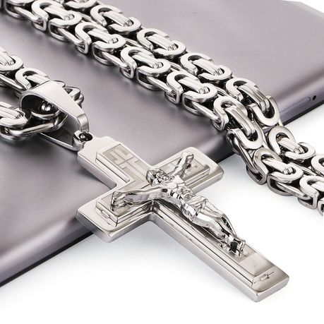 Jesus Christ Cross Pendant Necklace Stainless Steel Byzantine Chain Jewelry
