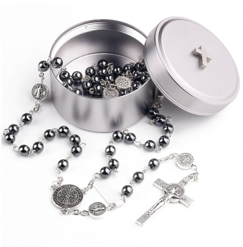 Necklace Car Ornament Black Hematite Bead Saint Benedict Medal Jesus Cross