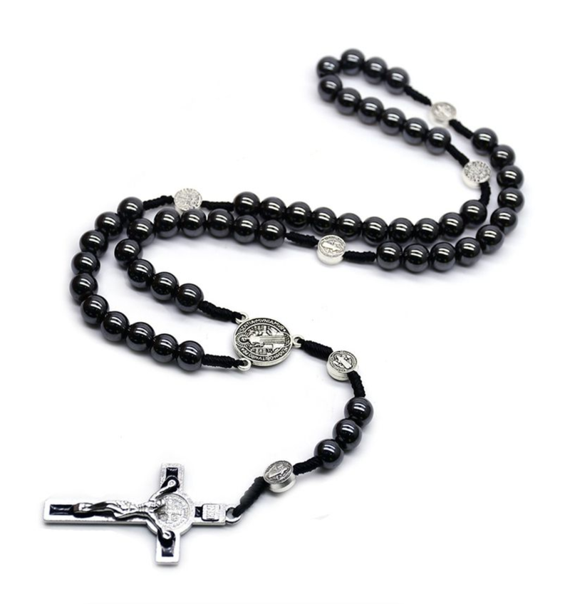 Hematite Strand Woven Crucifix Pendant Necklace Saint Benedict Rosary