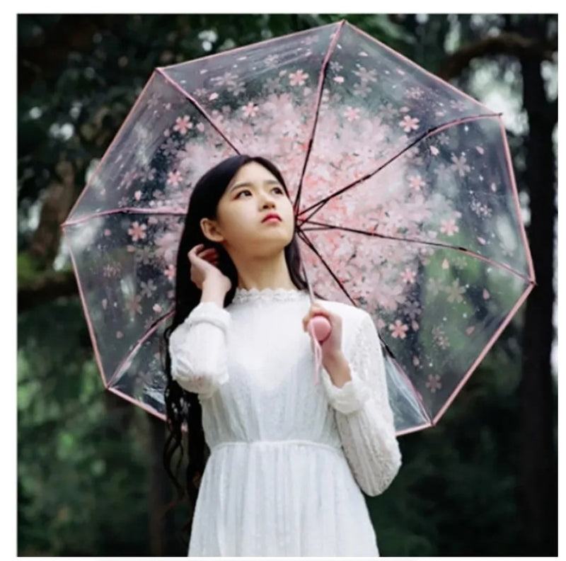 IPSTYLE Umbrella Portable Household Rain Gear Cherry Blossom Transparent Umbrella