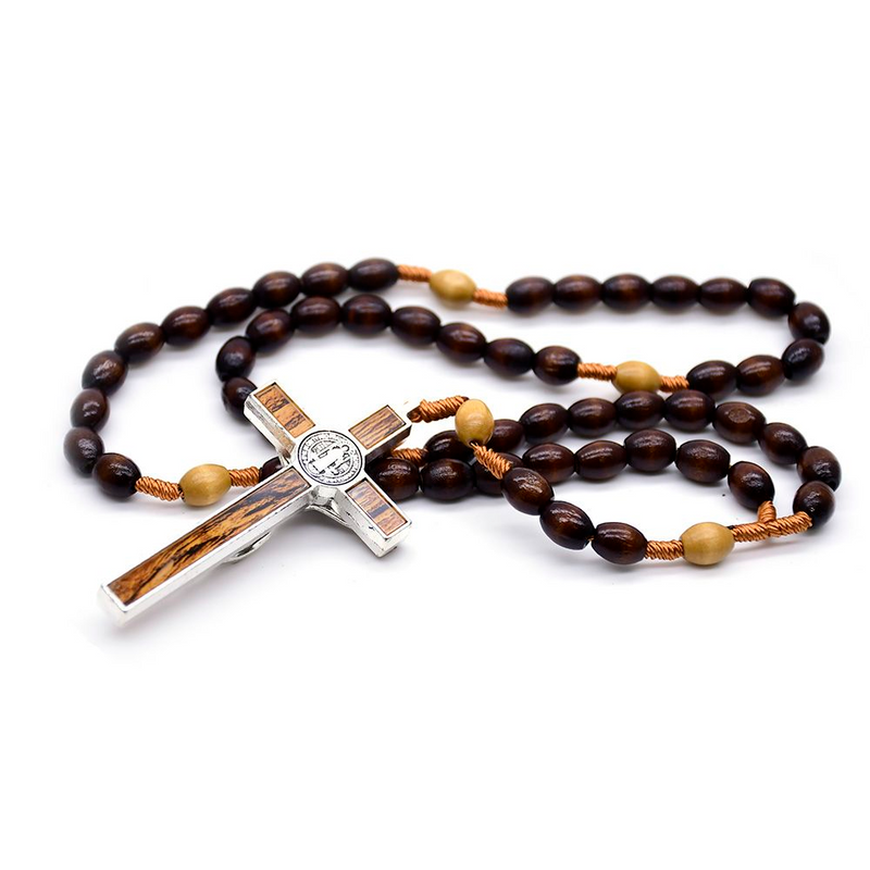 Dark Coffee Rice Shaped Wood Beads Rope Rosary Cross Necklace