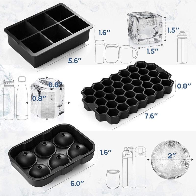Ice cube tray, 3 silicone ice cube trays with lids, spherical ice mould