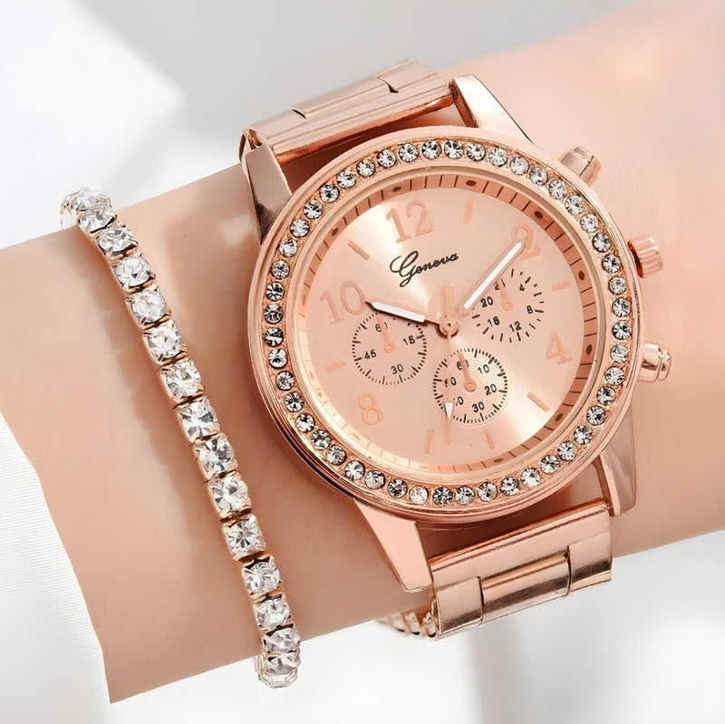 5 PCS Crystal Watch Lady Silver Accessories Necklace Bracelet Woman Gift